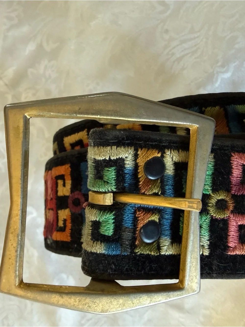 Embroidered Multicolor Belt with Brass Buckle